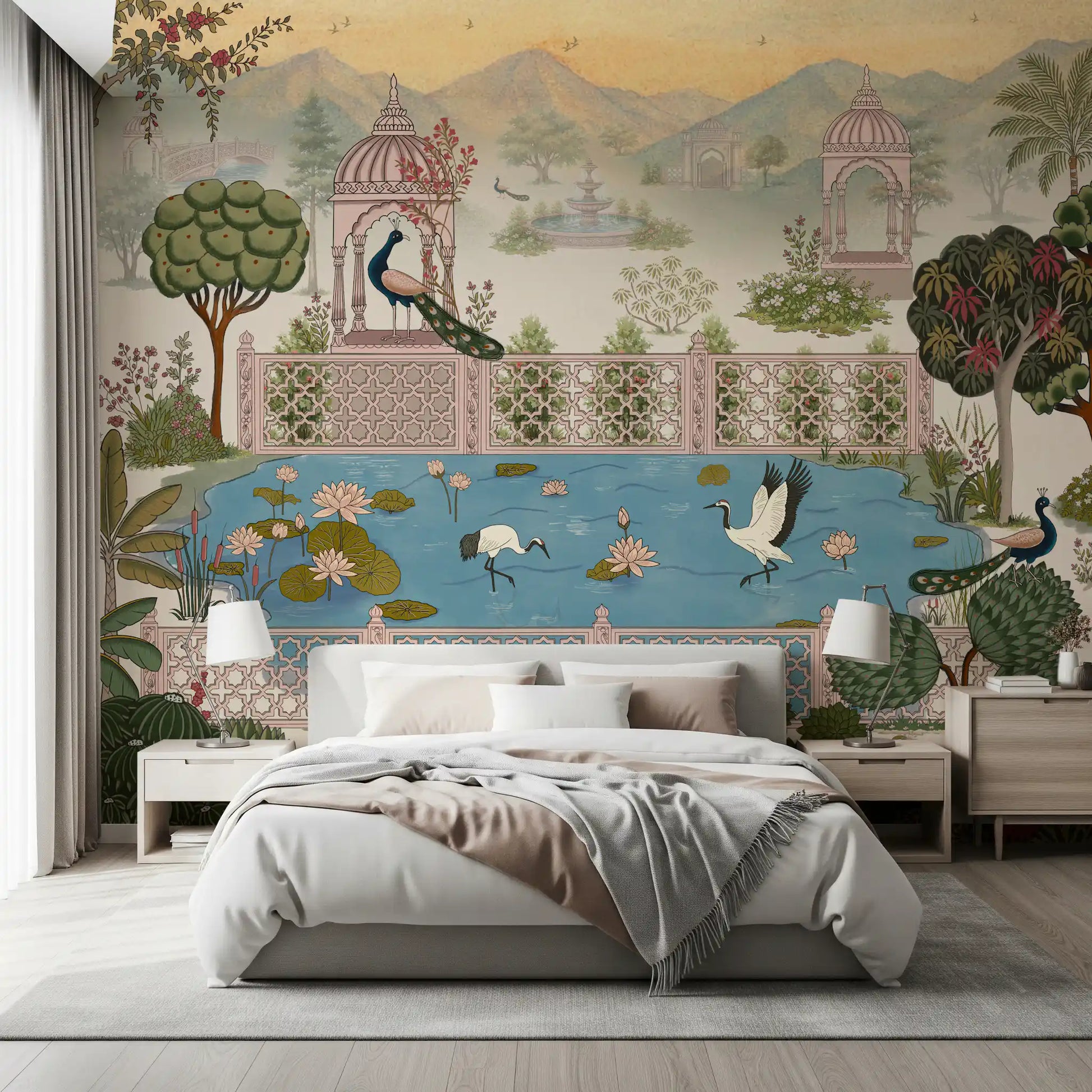 Serene Lotus Pond and Pavilion Vista Wall Mural
