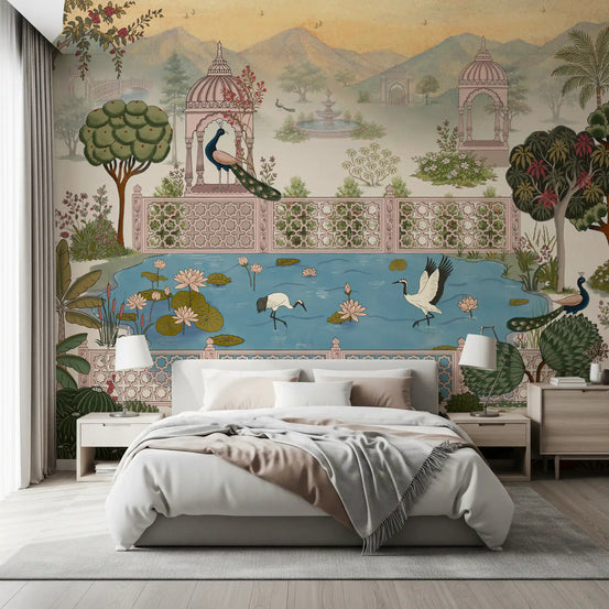 Lotus pond and pavilion mural behind a white bed in a serene bedroom GD12852
