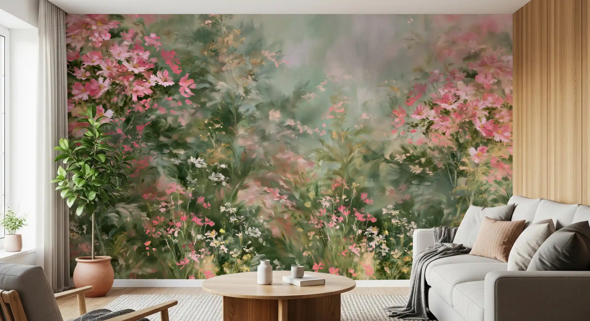Impressionist Pink Blossom Meadow Wall Mural