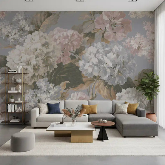 Grey floral hydrangea mural behind a grey sofa in a living room GD12858