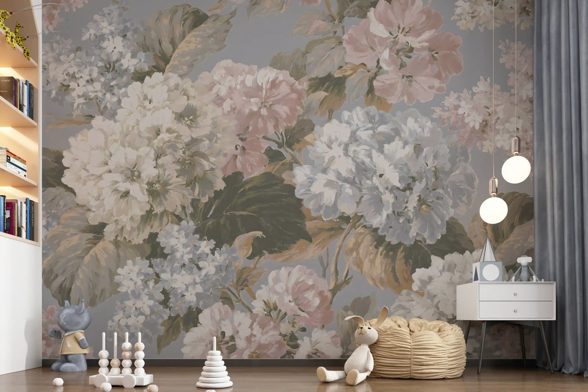 Slate Gray Botanical Hydrangea Bloom Wall Mural