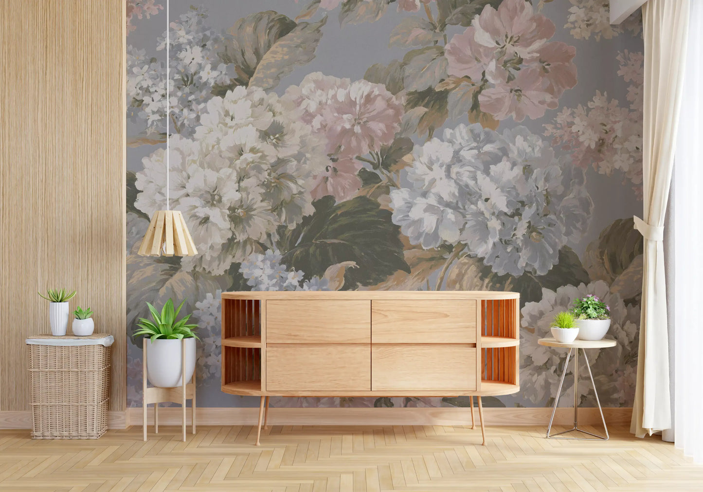 Slate Gray Botanical Hydrangea Bloom Wall Mural