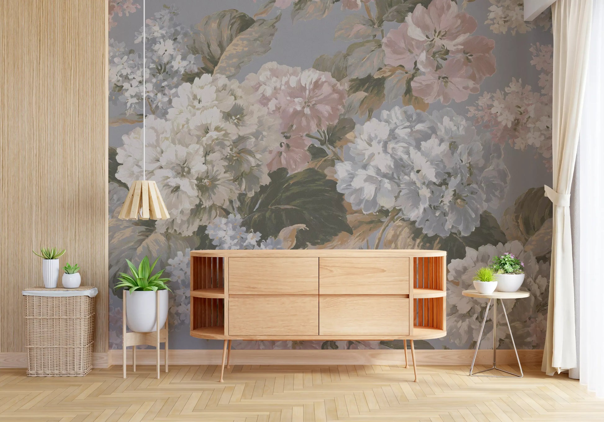 Slate Gray Botanical Hydrangea Bloom Wall Mural