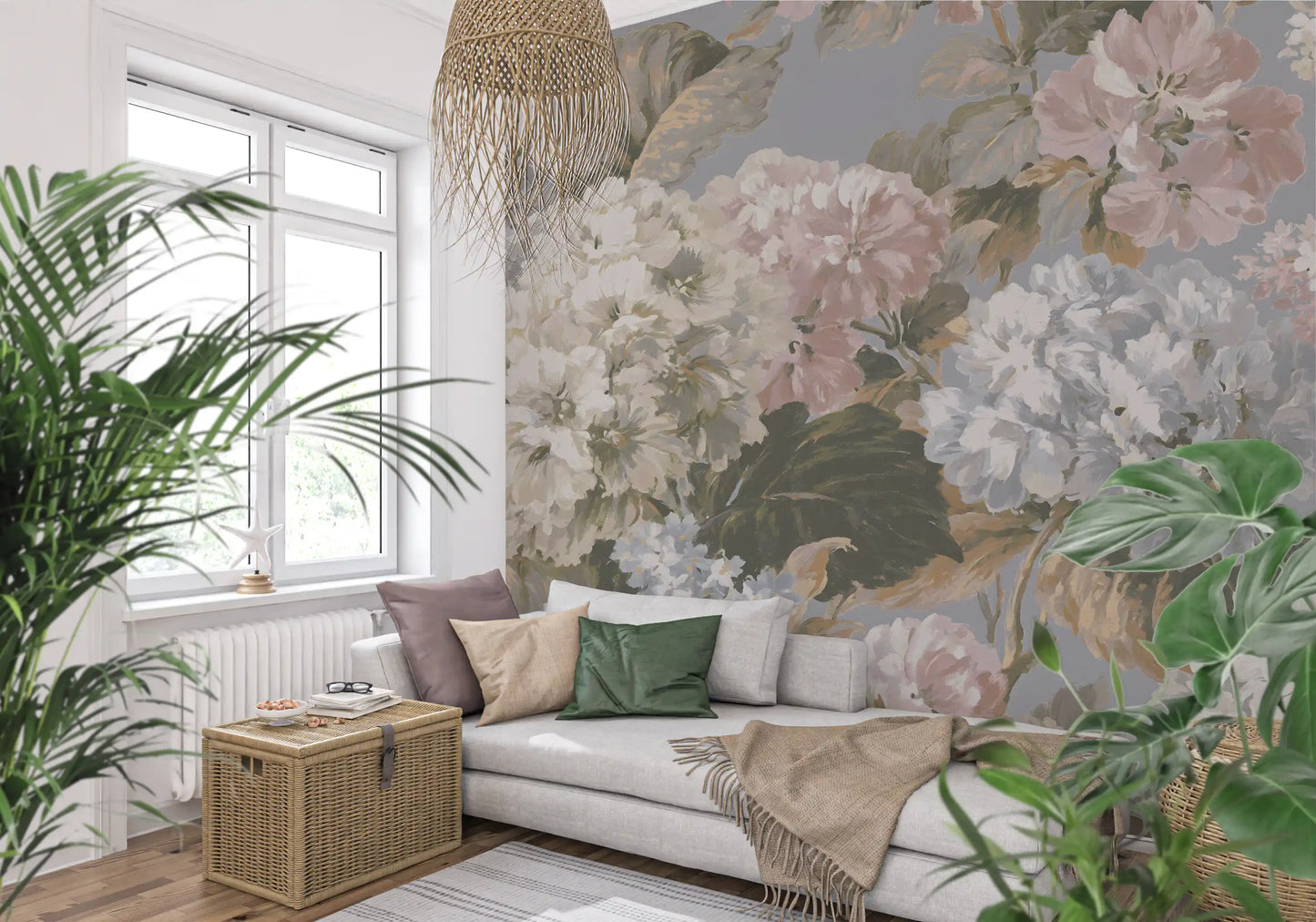 Slate Gray Botanical Hydrangea Bloom Wall Mural