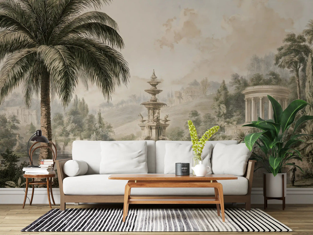 Antique palm and fountain mural behind a white sofa in a living room GD12859