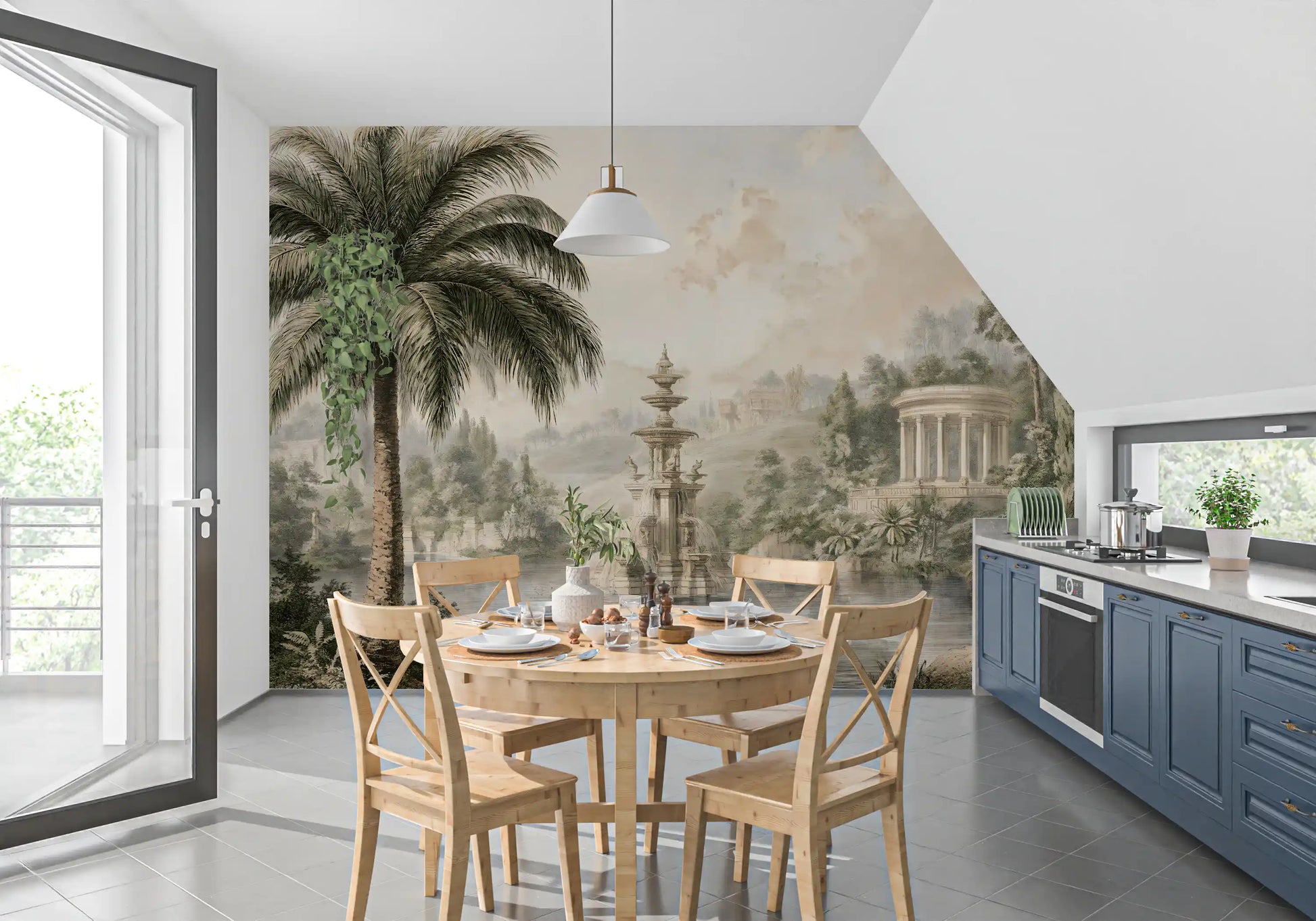 Serene Park Pond and Classical Architecture Wall Mural