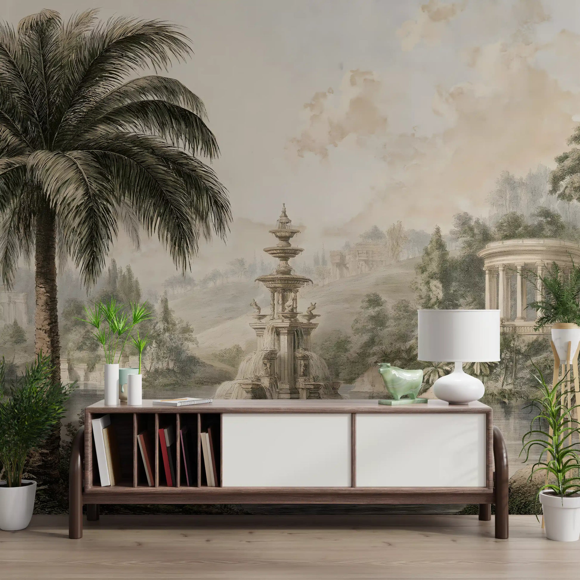 Serene Park Pond and Classical Architecture Wall Mural