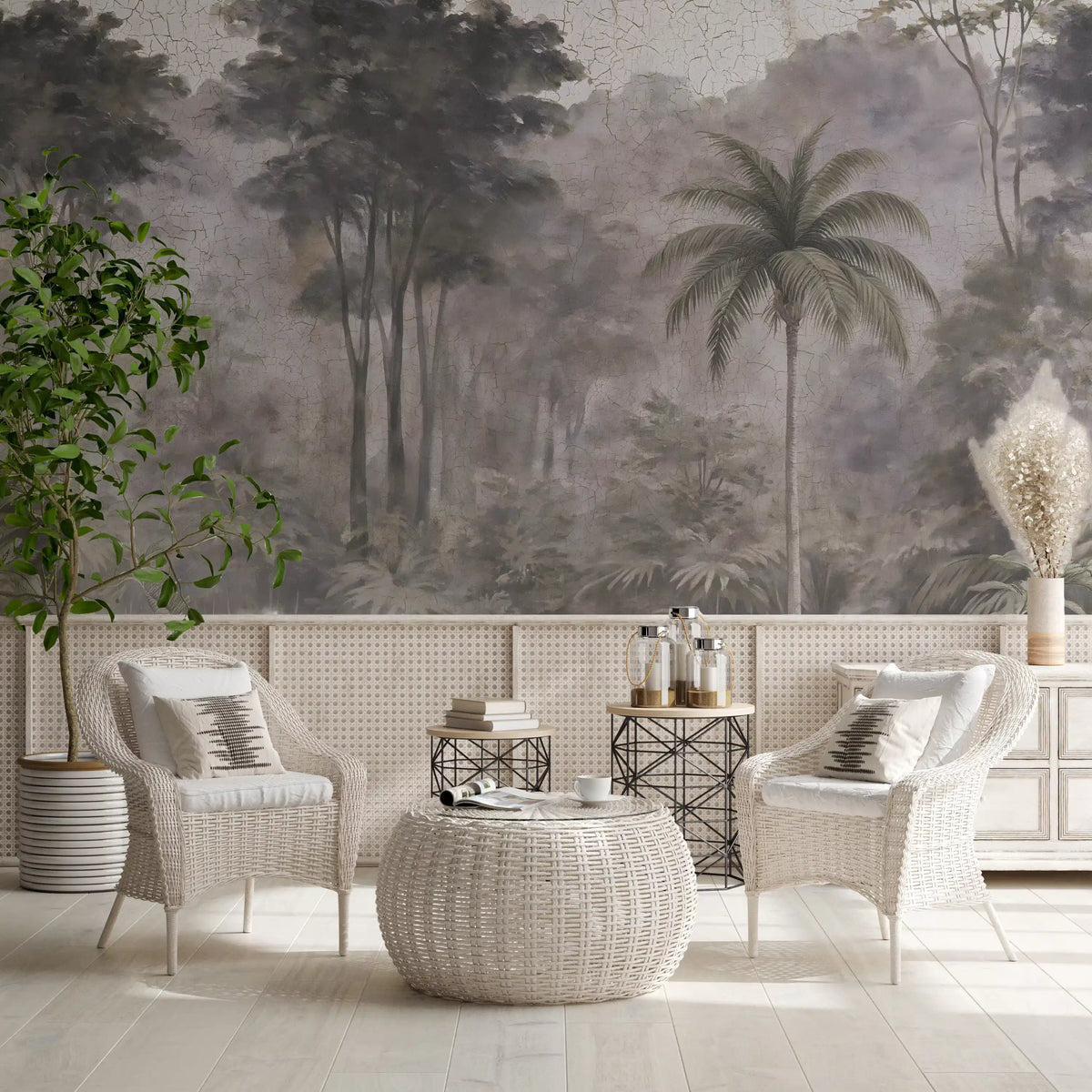 Misty jungle mural in a bright living room with cane chairs GD12860