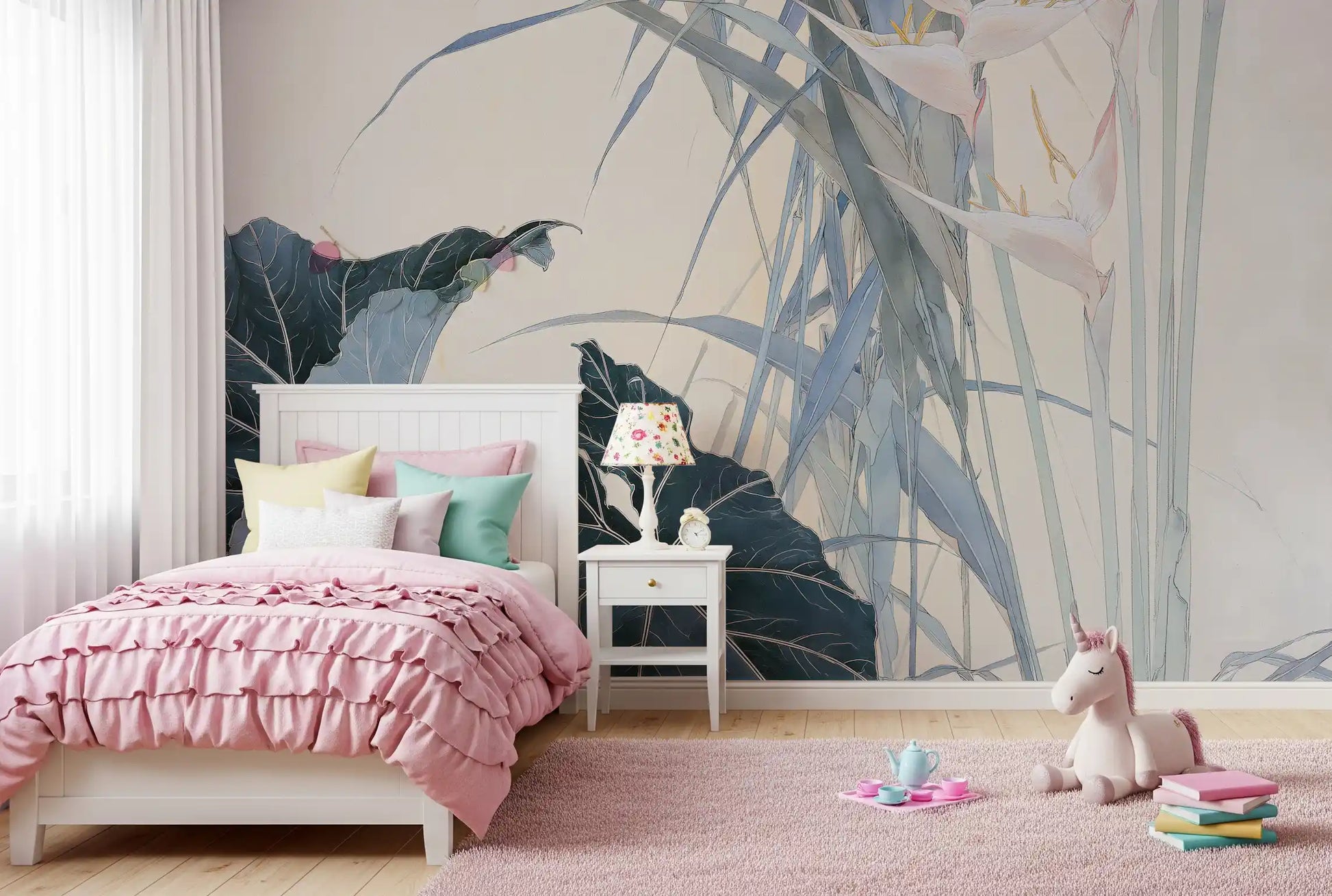 Serene Tropical Botanical Illustration Wall Mural