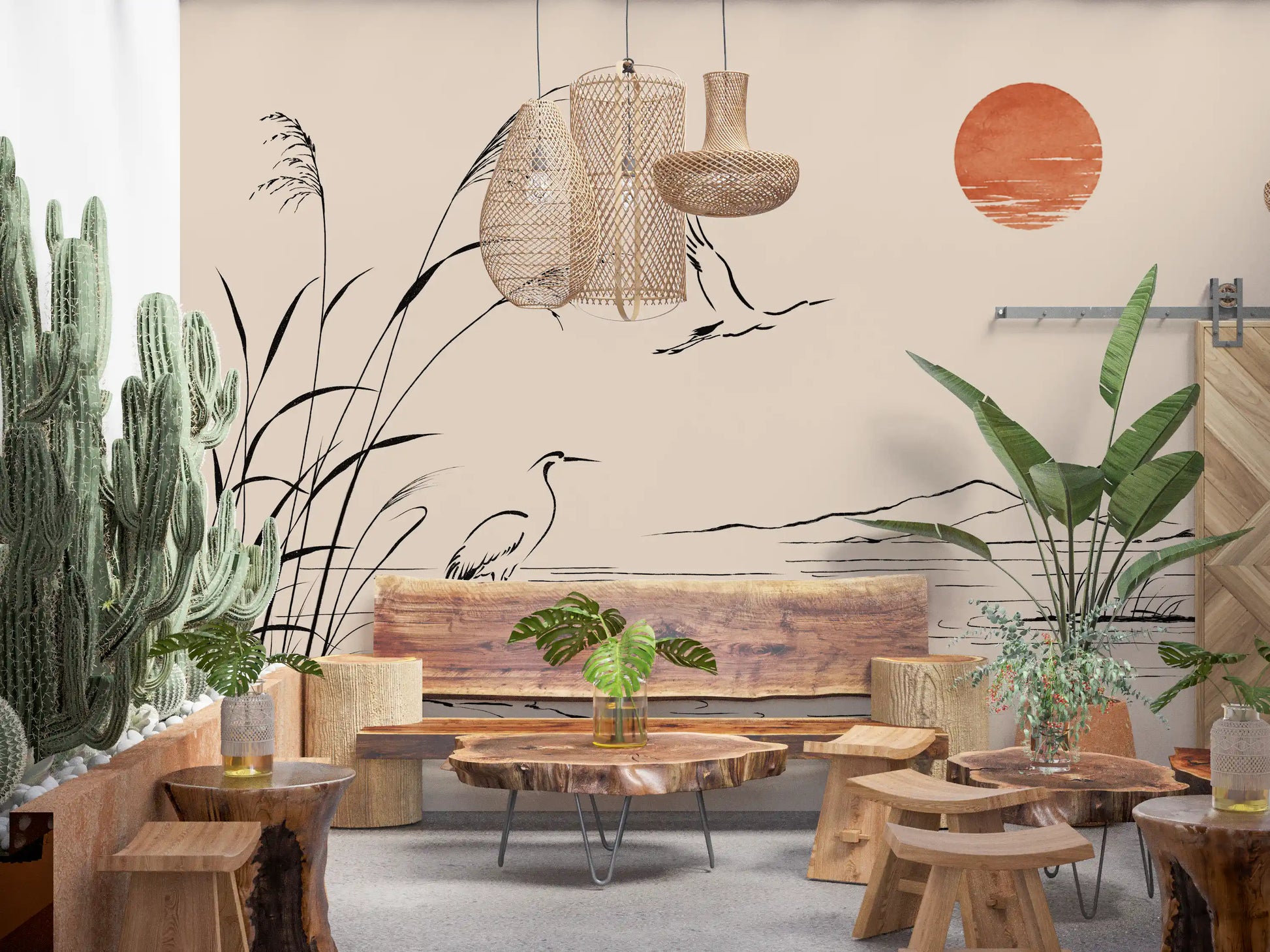 Minimalist Ink Wash Heron Landscape Wall Mural