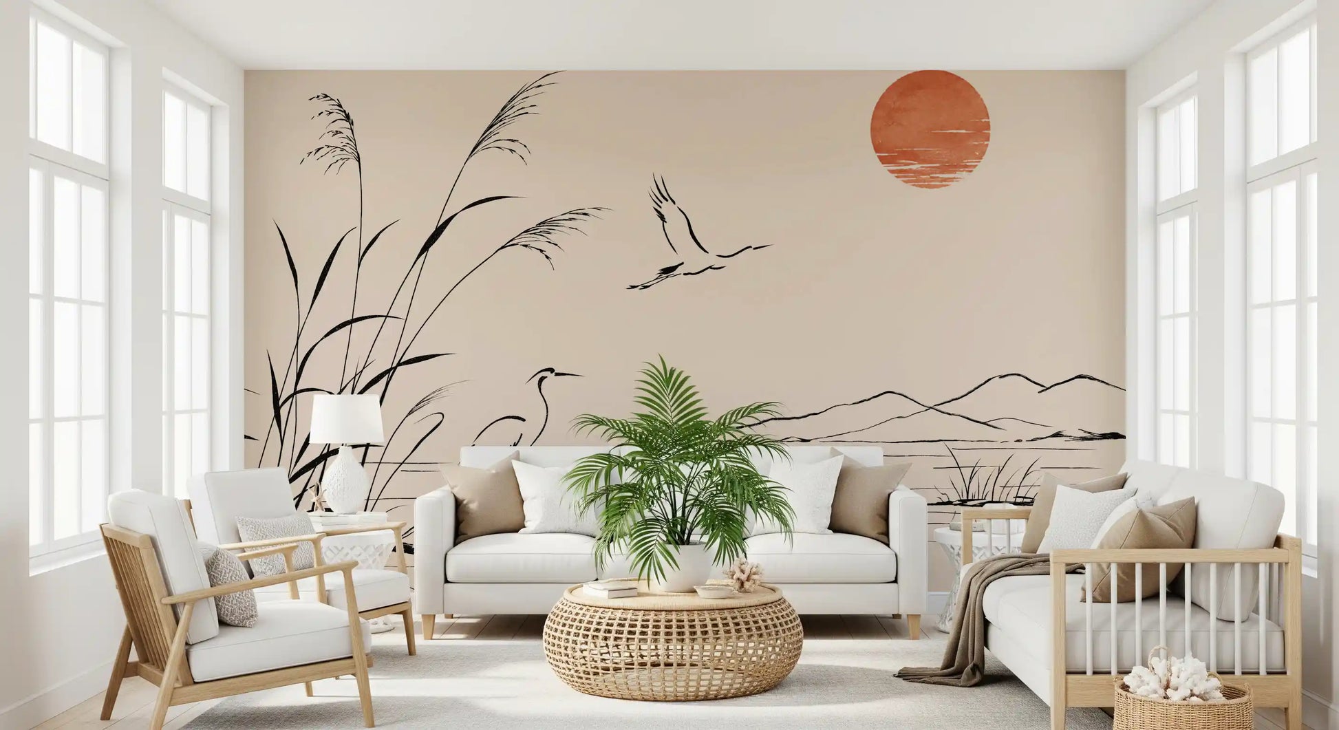 Minimalist Ink Wash Heron Landscape Wall Mural