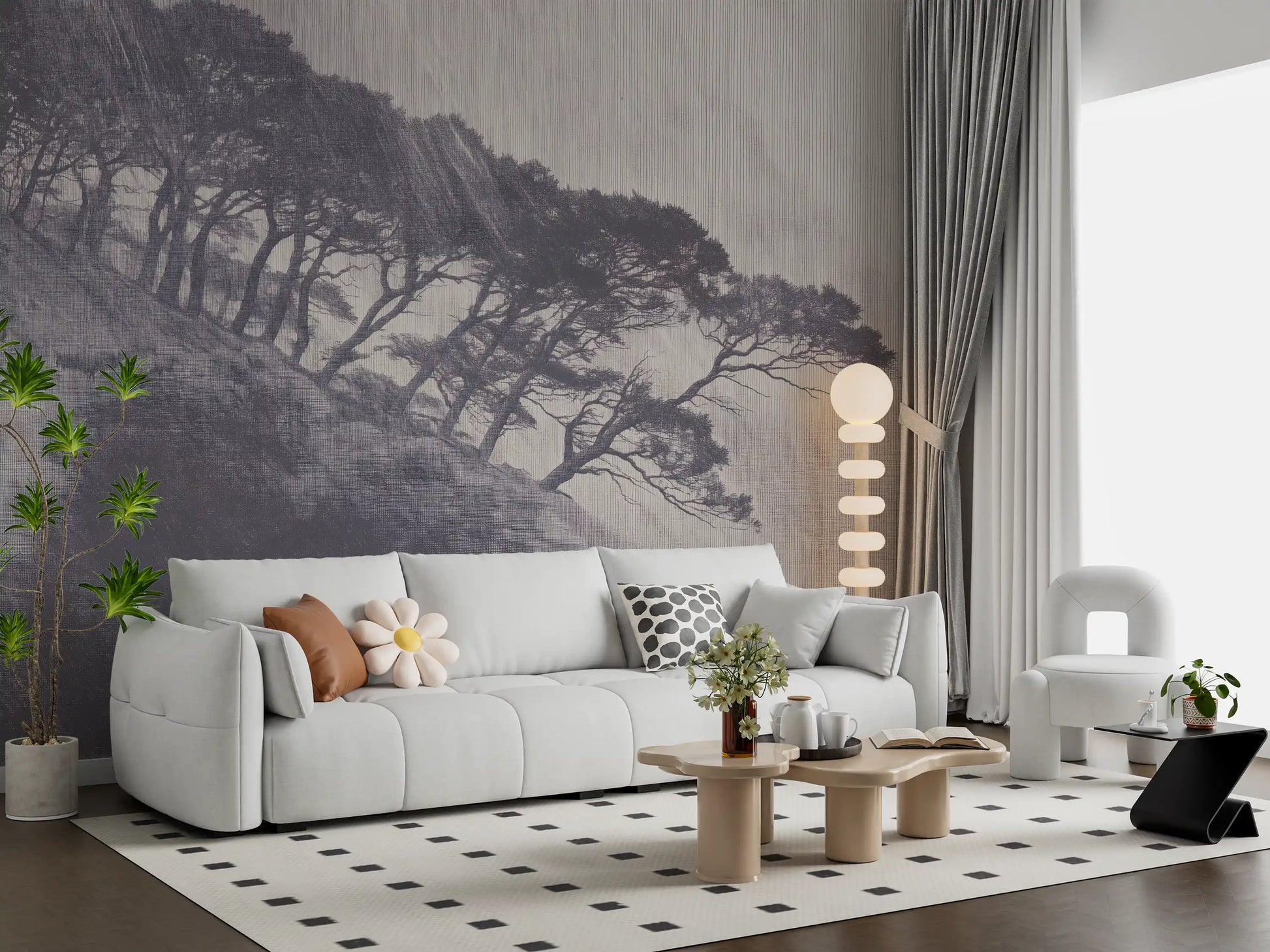 Monochrome Coastal Pines Landscape Wall Mural