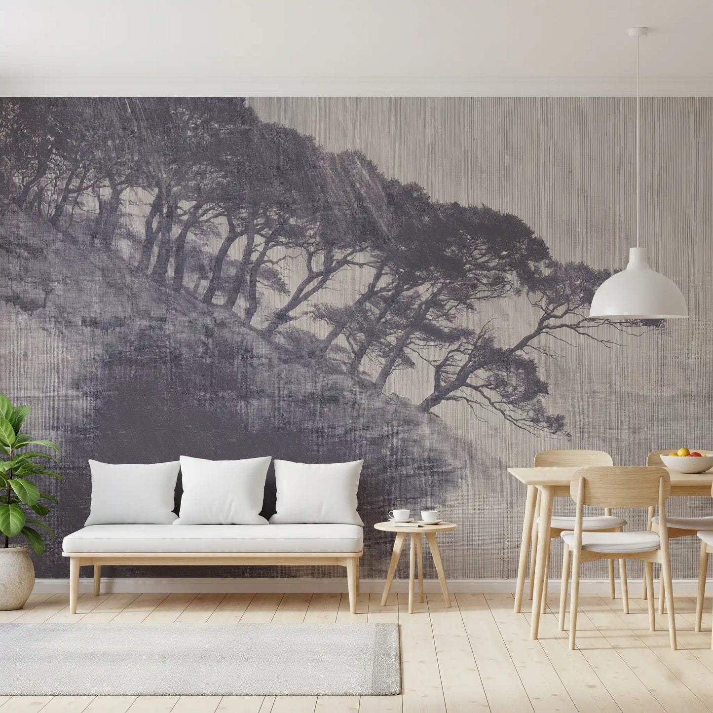 Monochrome Coastal Pines Landscape Wall Mural