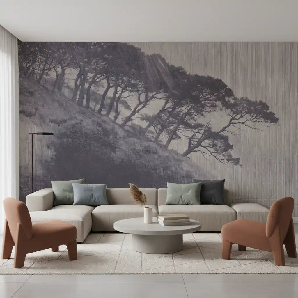 Monochrome Coastal Pines Landscape Wall Mural