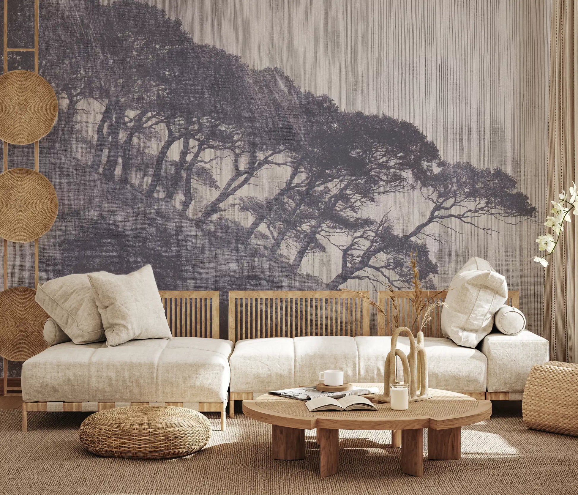 Monochrome Coastal Pines Landscape Wall Mural