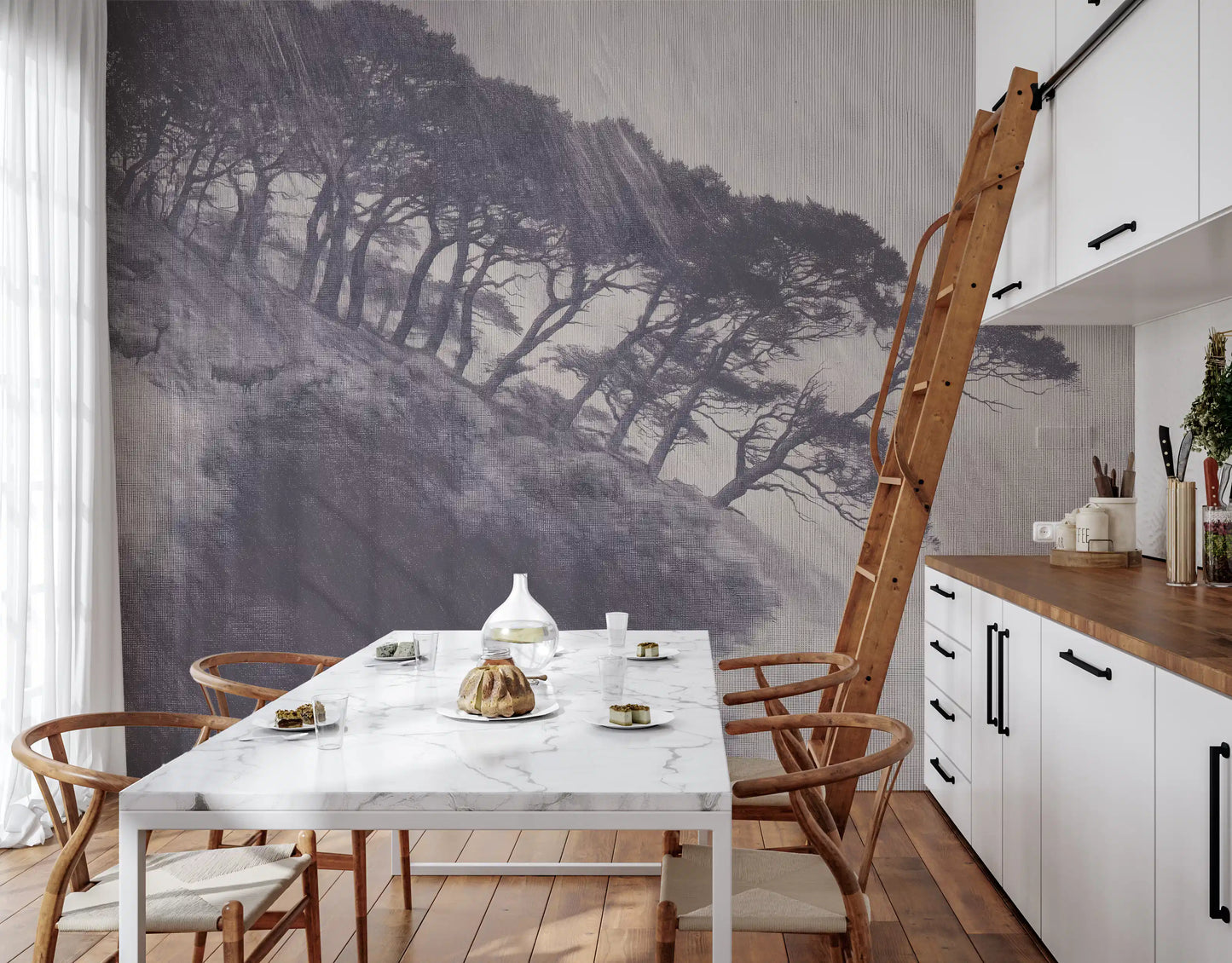 Monochrome Coastal Pines Landscape Wall Mural