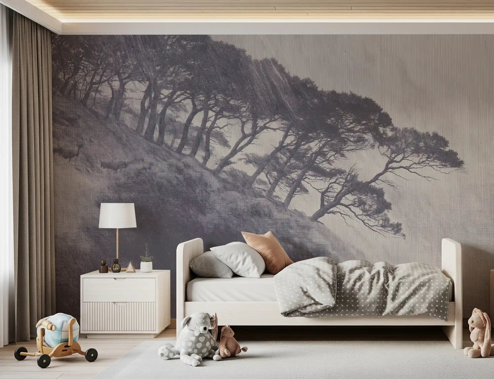 Monochrome Coastal Pines Landscape Wall Mural