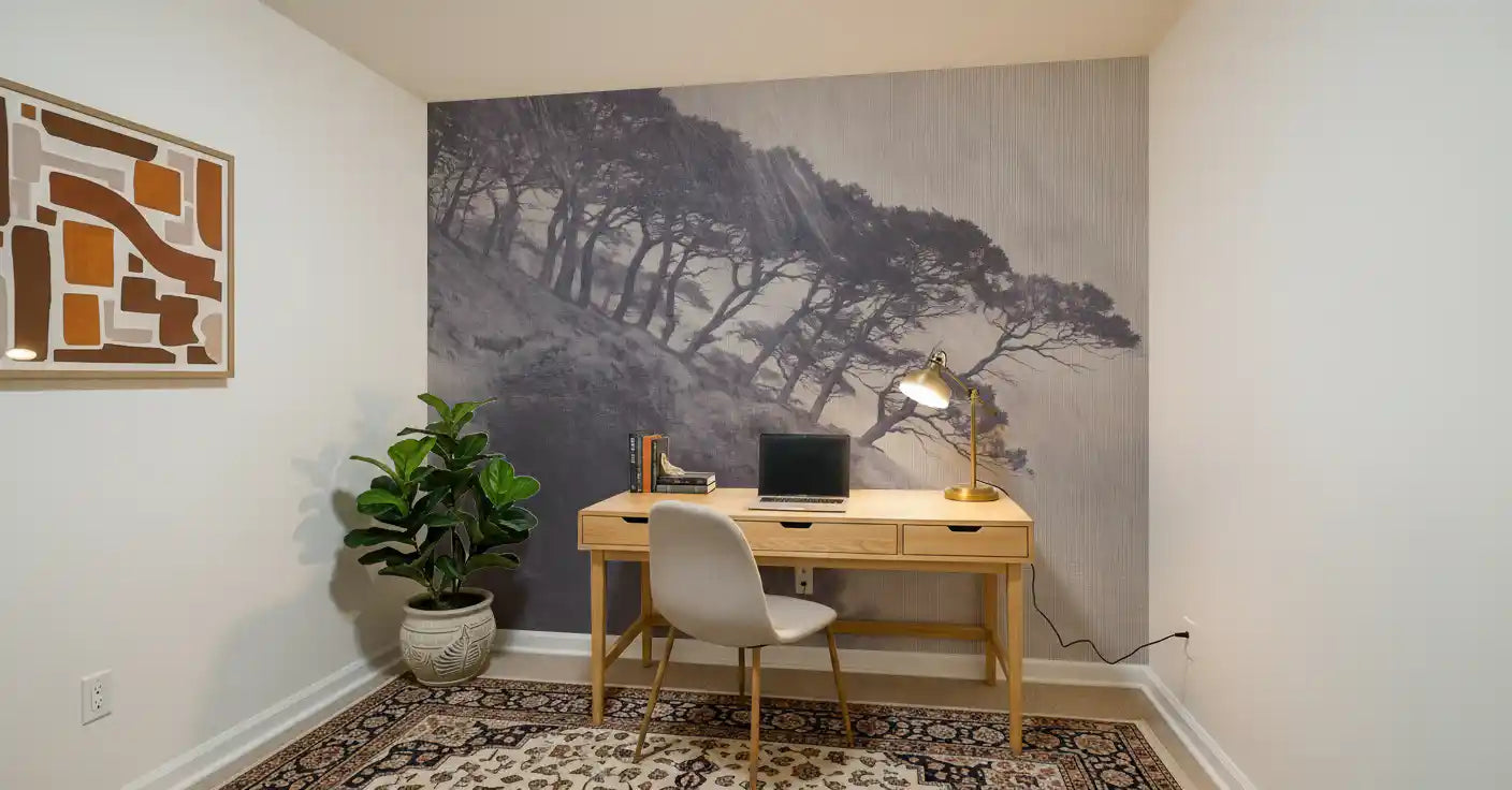Monochrome Coastal Pines Landscape Wall Mural