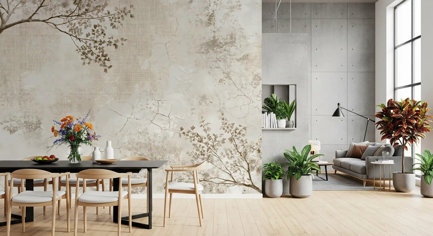 Rustic Beige Weathered Texture with Delicate Branches Wall Mural