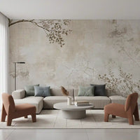 Rustic Beige Weathered Texture with Delicate Branches Wall Mural