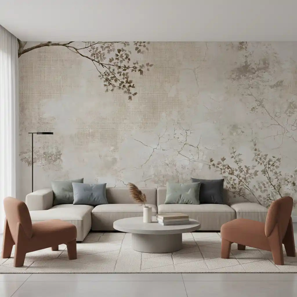 Close-up of the beige plaster texture and fine branch detail GD12872