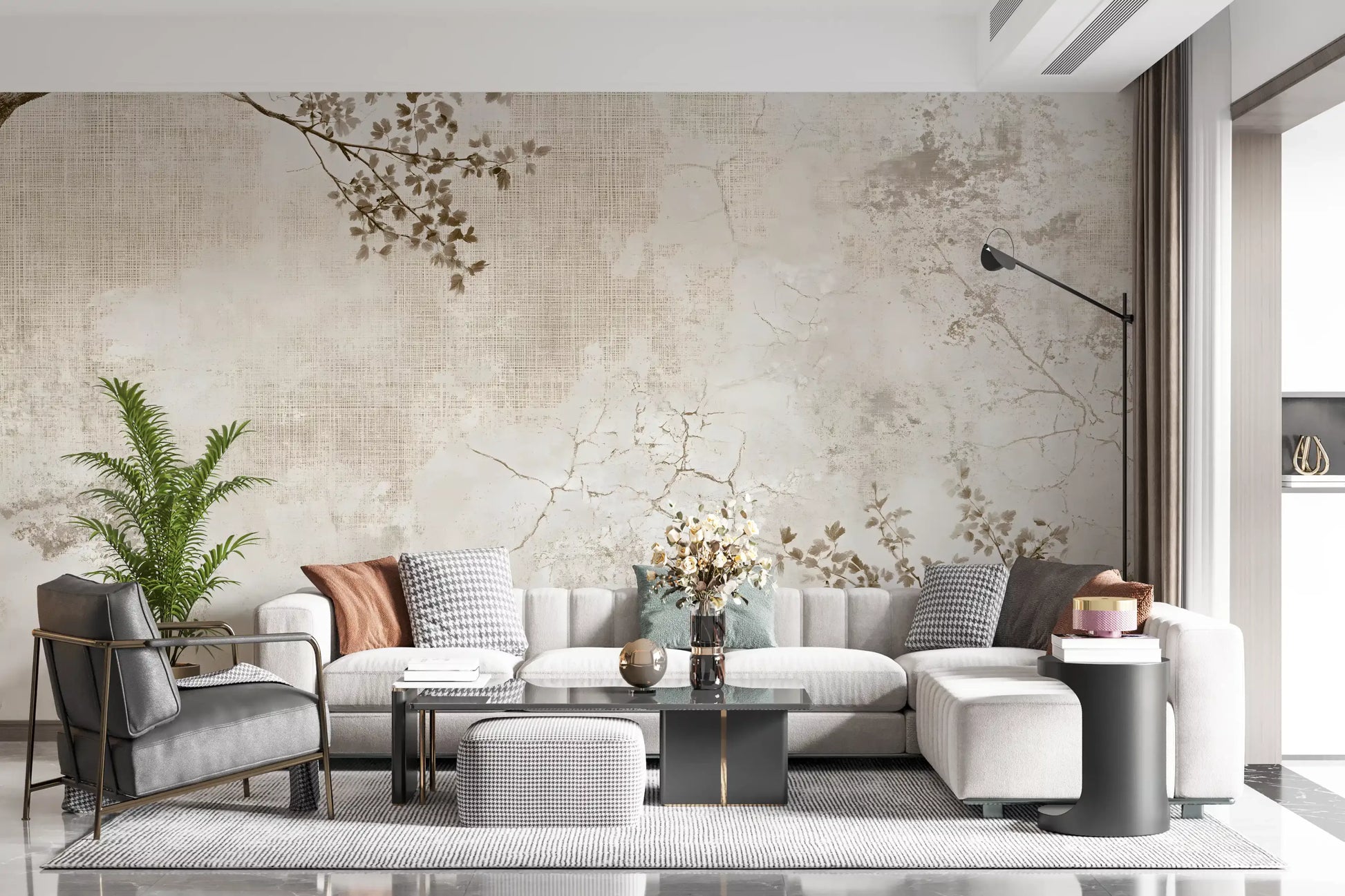 Rustic Beige Weathered Texture with Delicate Branches Wall Mural