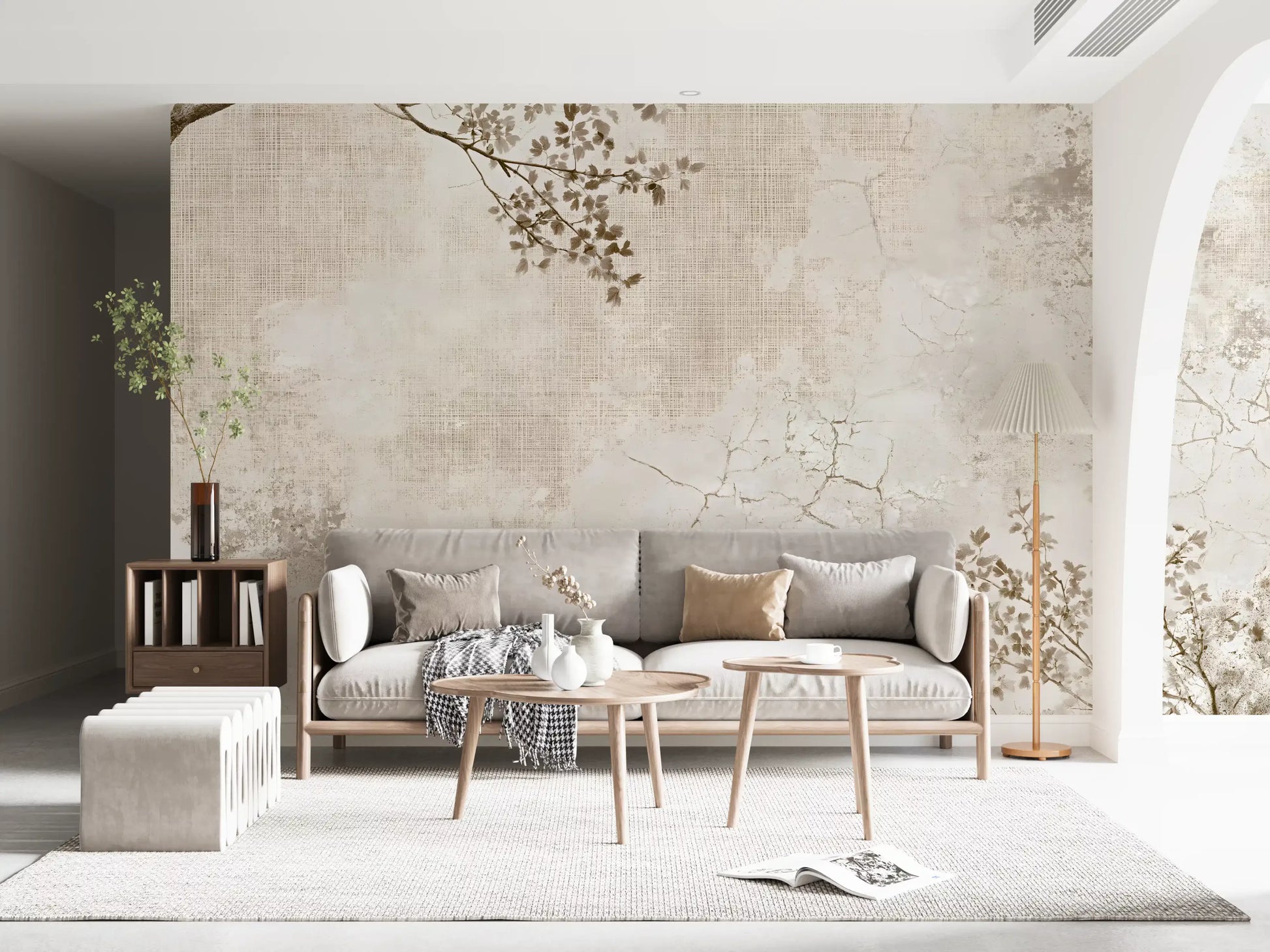 Rustic Beige Weathered Texture with Delicate Branches Wall Mural