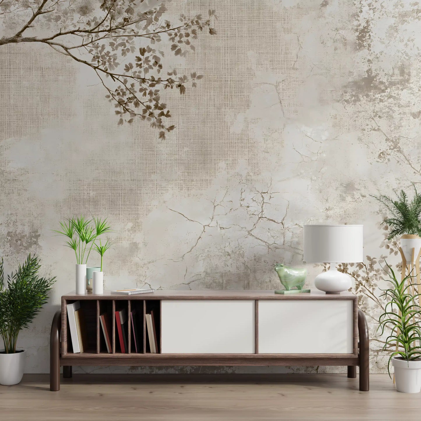 Rustic Beige Weathered Texture with Delicate Branches Wall Mural