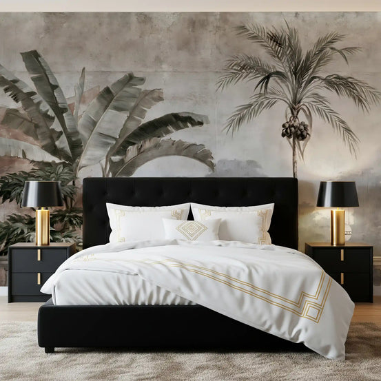 Grey tropical balustrade mural in a neutral living room GD12876