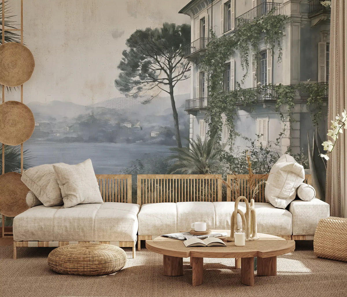 Blue-grey villa lake mural in a neutral cane living room GD12877