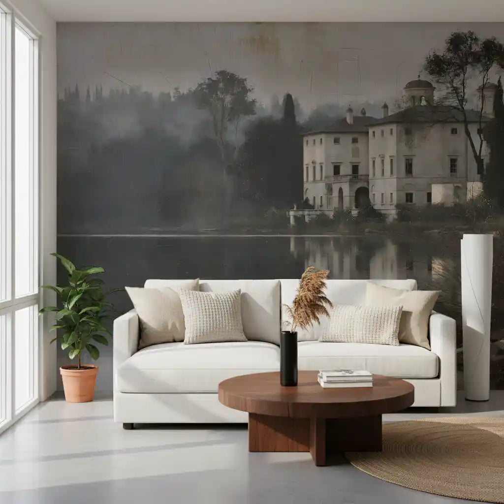 Moody villa lake mural behind a white living room sofa GD12878
