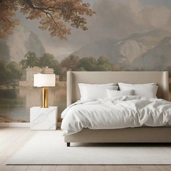 Hazy lake landscape mural behind a calm beige bedroom GD12879