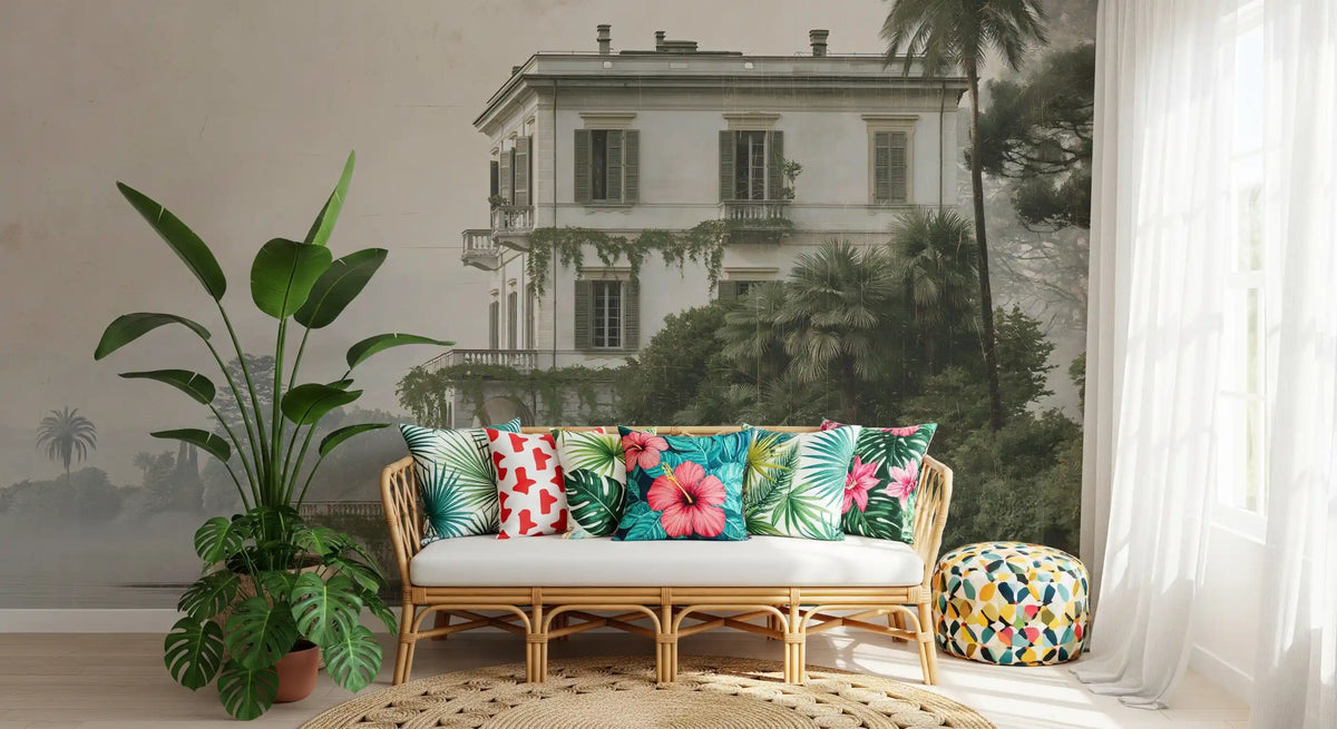 Vintage villa lake mural behind a rattan tropical seat GD12881