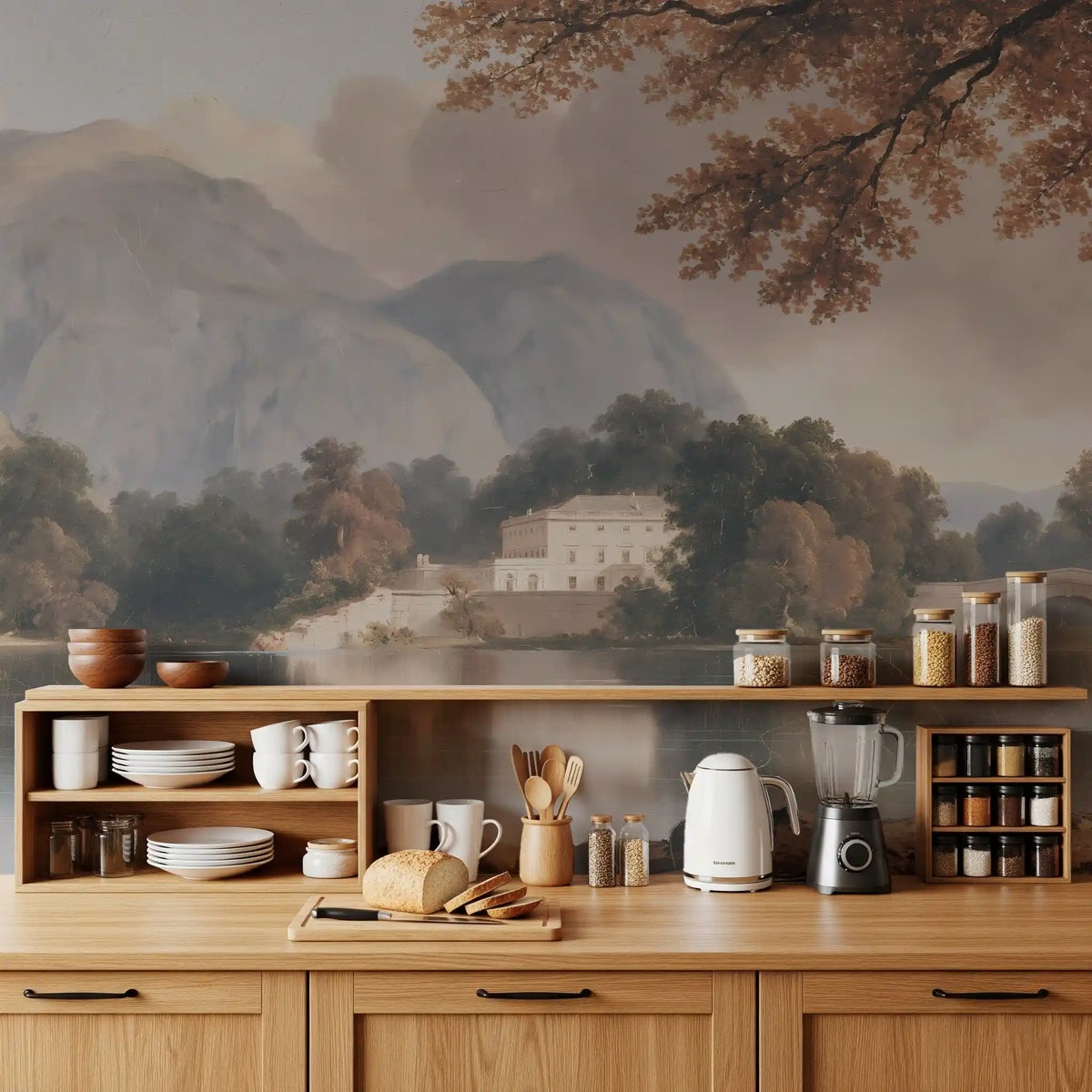 Mountain lake landscape mural in a kitchen with wood cabinets and open shelving GD12882