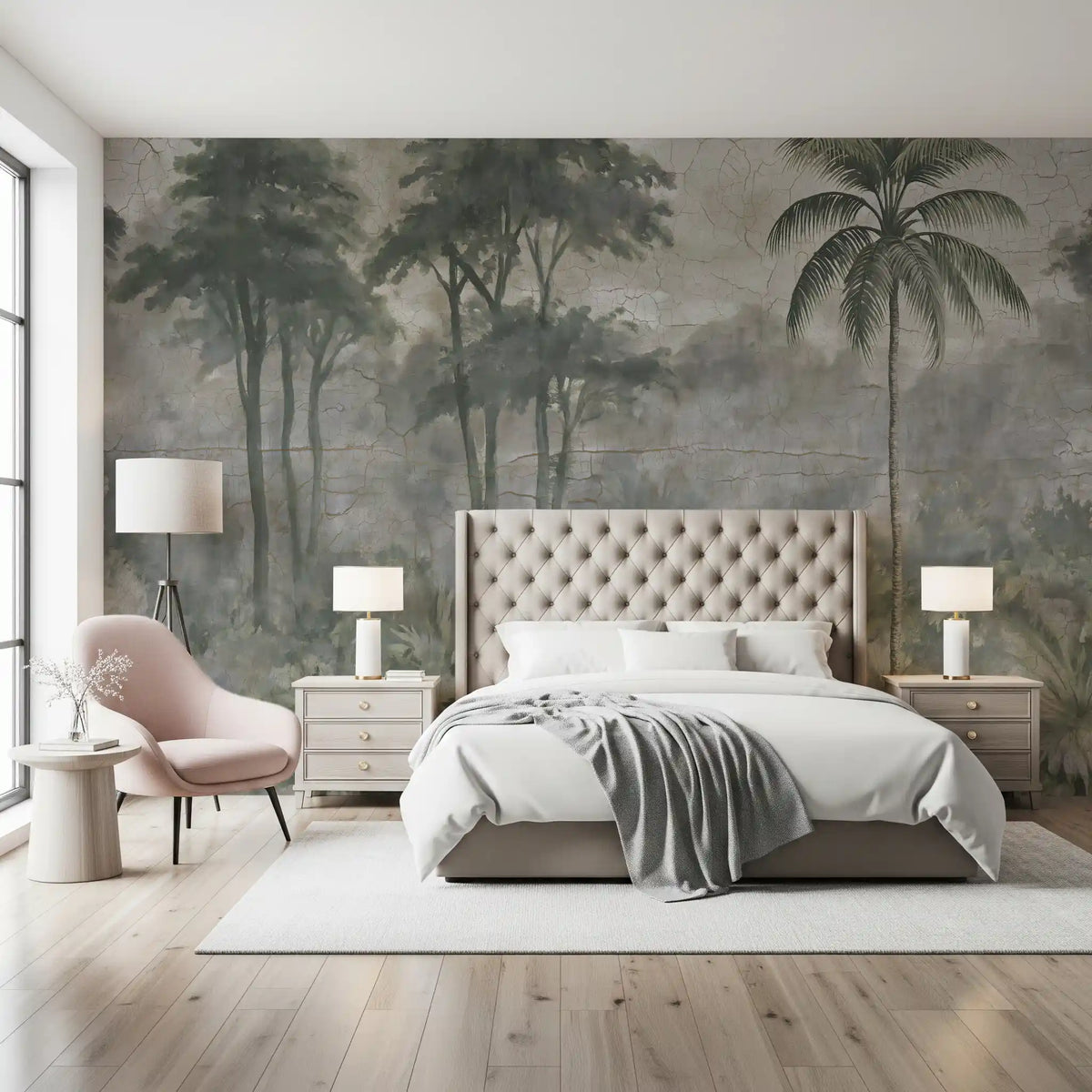 Misty forest palm tree mural in a bedroom with an upholstered bed and pink accent chair GD12883