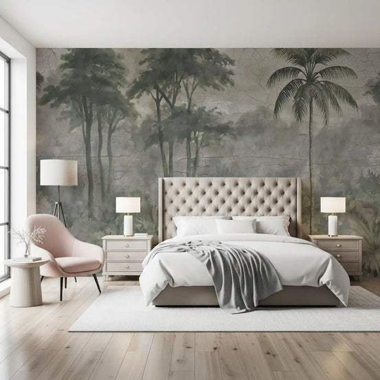Misty forest palm tree mural in a bedroom with an upholstered bed and pink accent chair GD12883