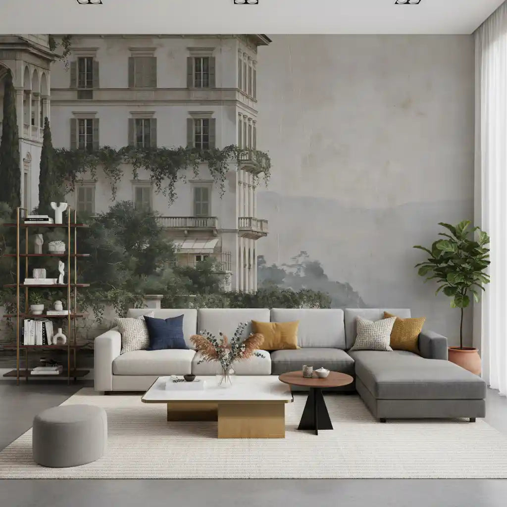 Misty Lakefront Manor Sketch Wall Mural