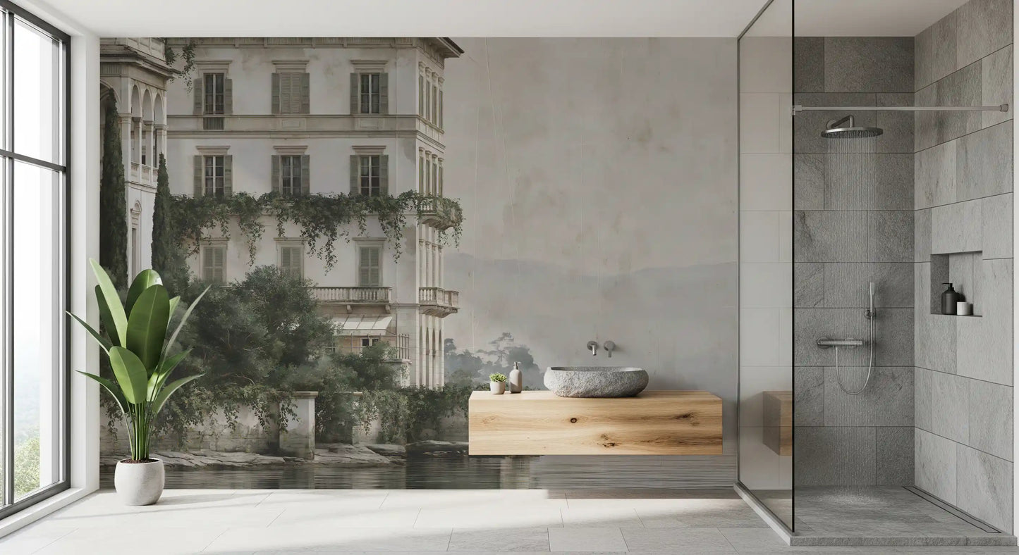 Misty Lakefront Manor Sketch Wall Mural