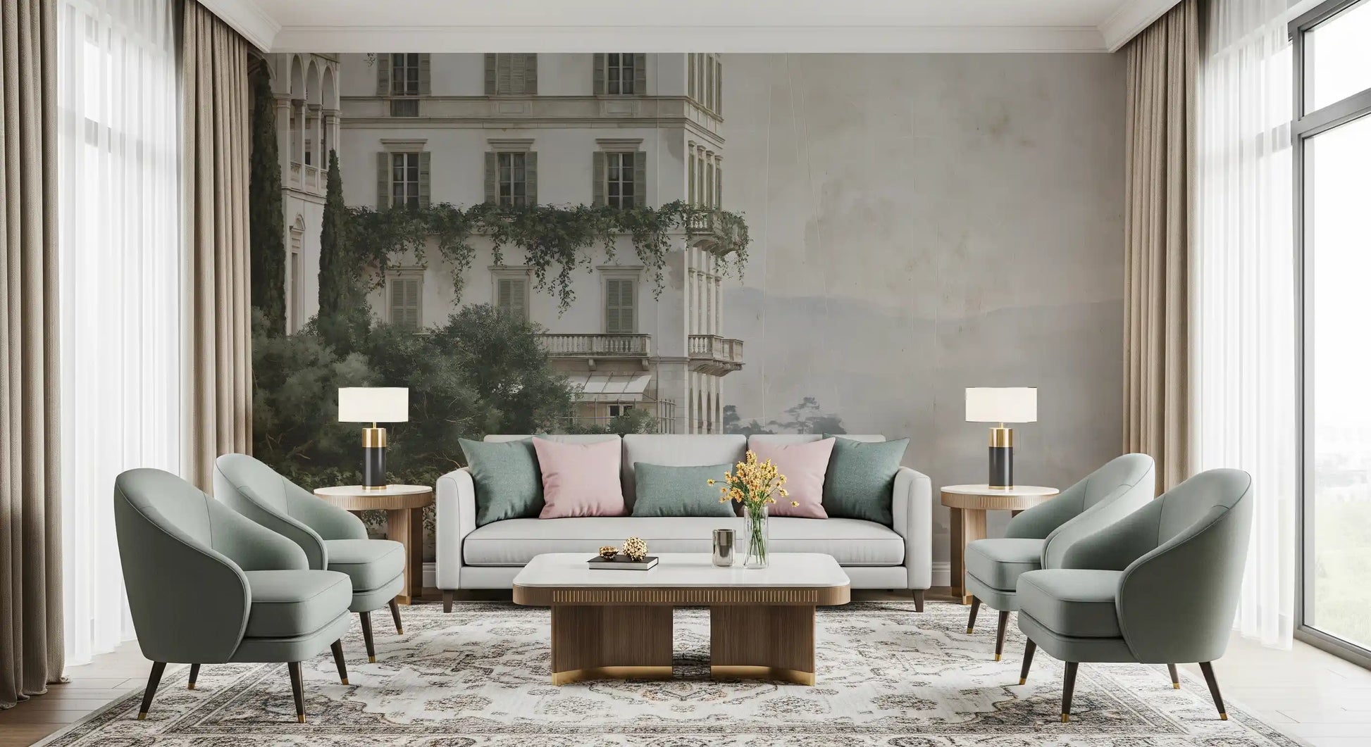 Misty Lakefront Manor Sketch Wall Mural