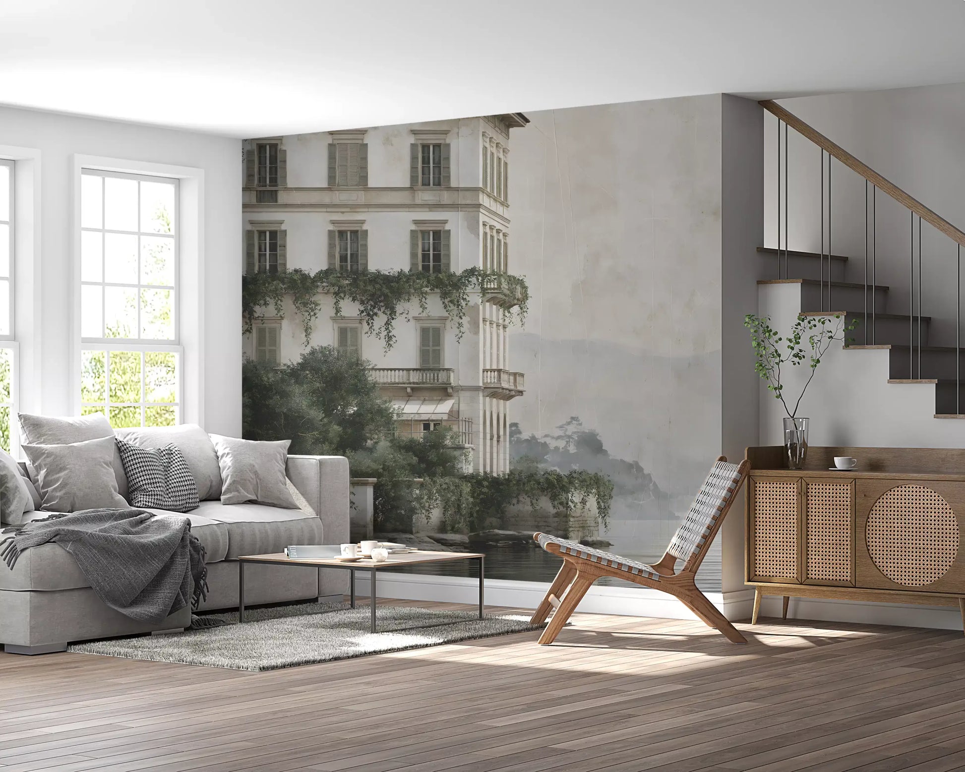 Misty Lakefront Manor Sketch Wall Mural