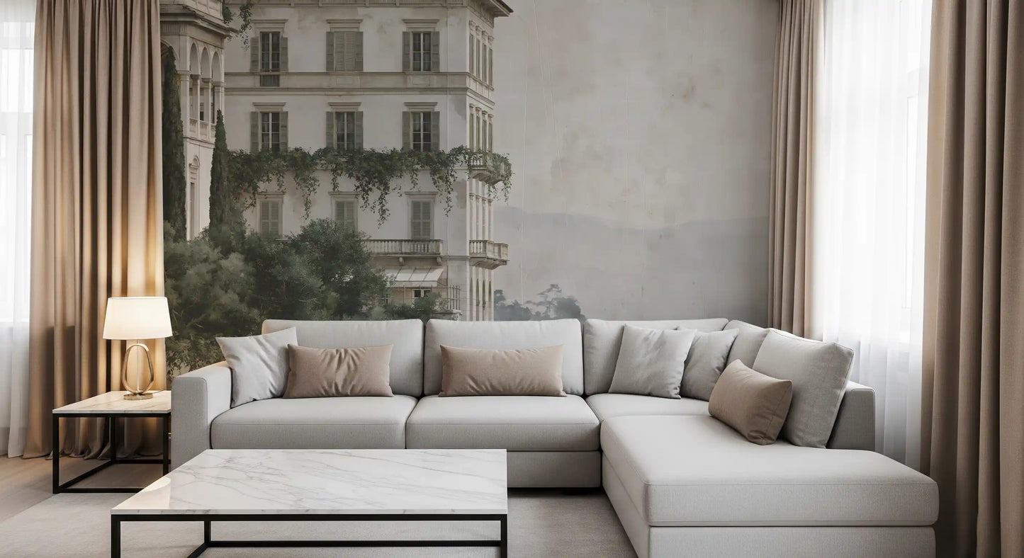 Misty Lakefront Manor Sketch Wall Mural