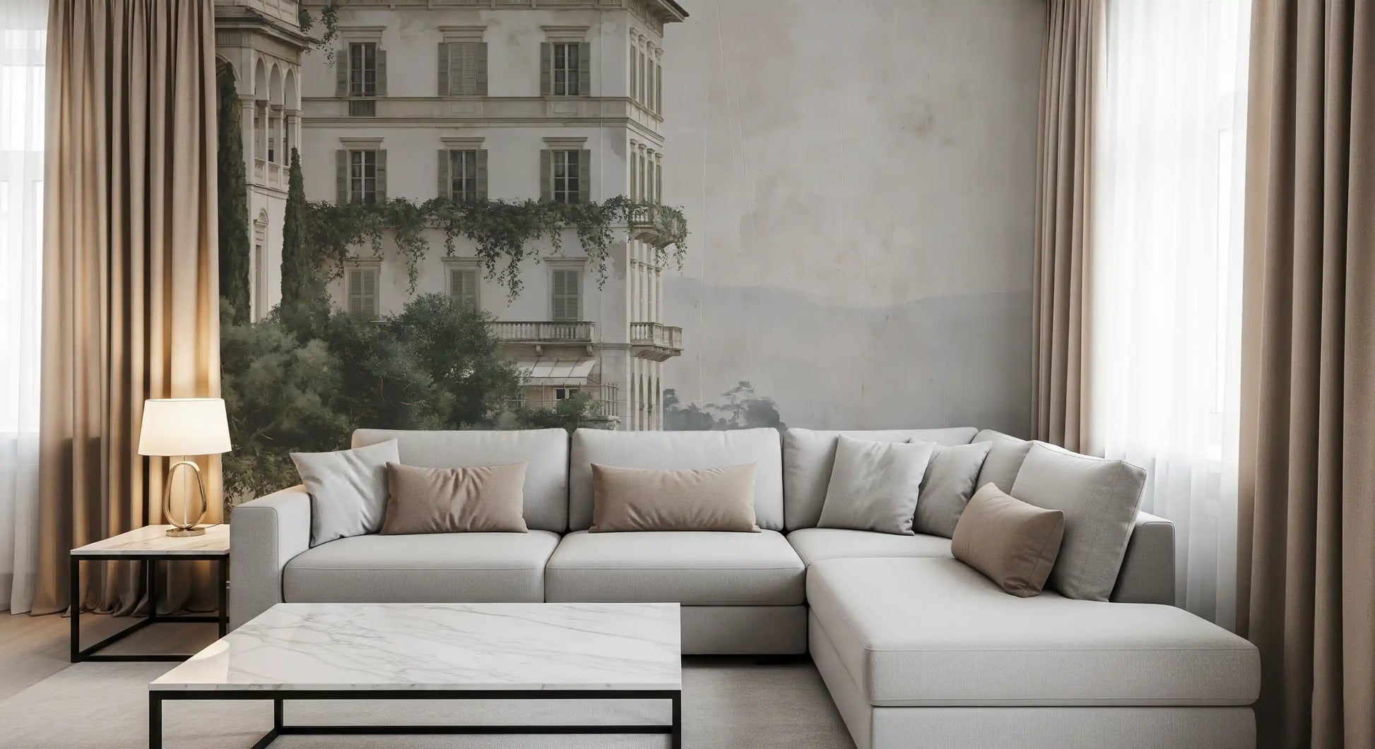 Misty Lakefront Manor Sketch Wall Mural