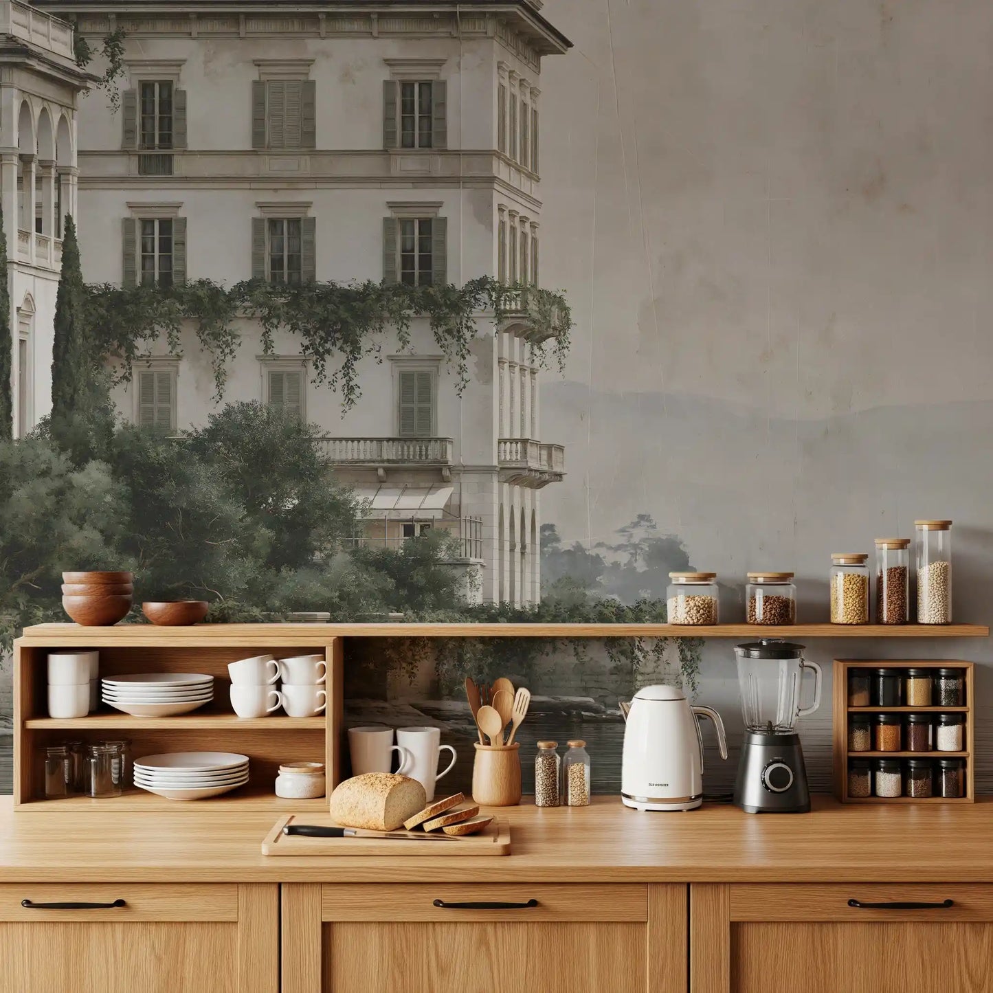 Misty Lakefront Manor Sketch Wall Mural