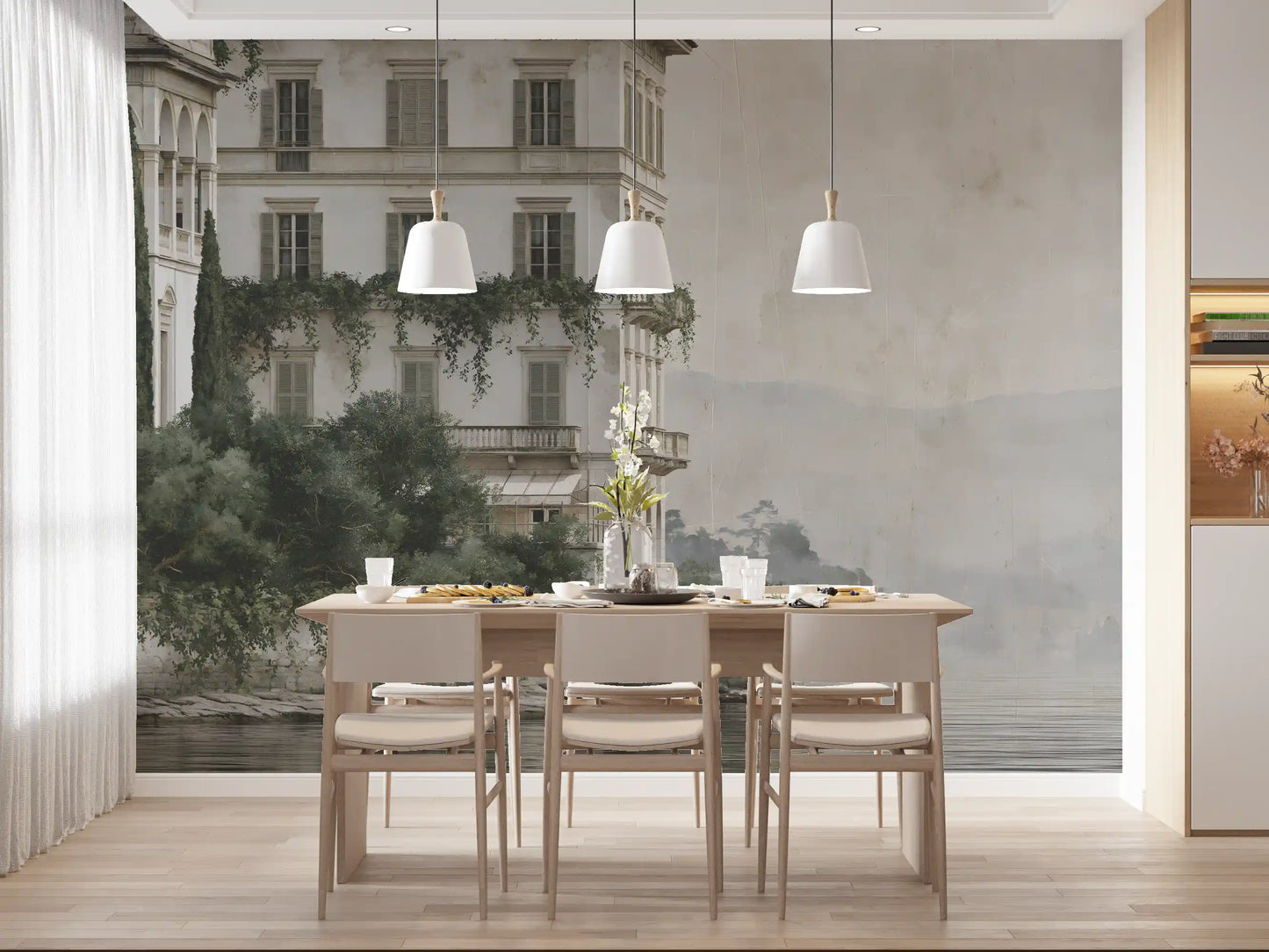 Misty Lakefront Manor Sketch Wall Mural