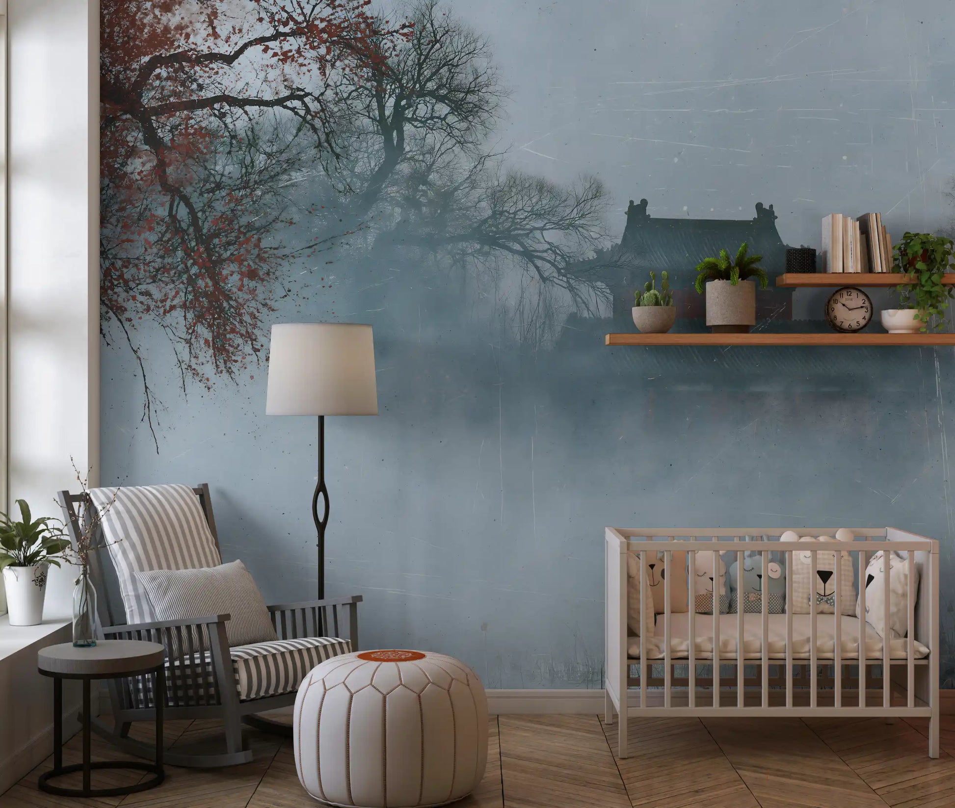 Crimson Pagoda in Winter Fog Wall Mural