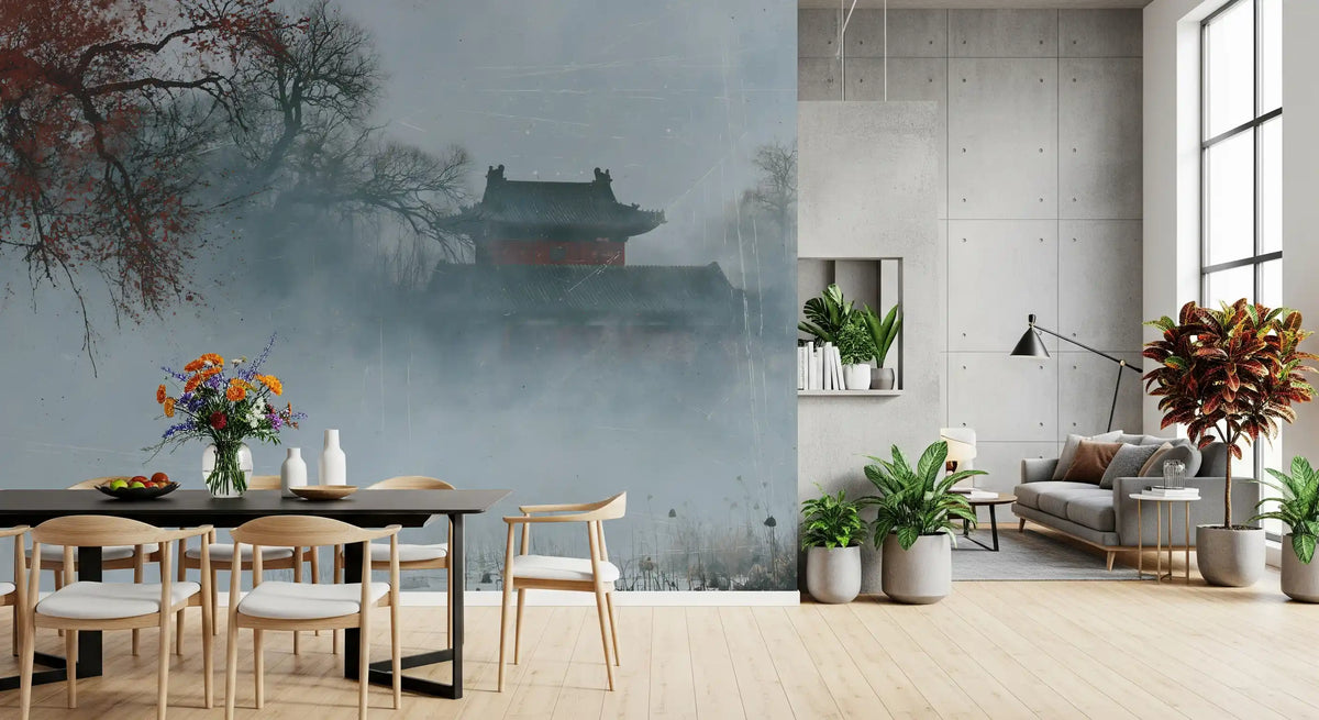 Crimson pagoda winter fog mural in a dining and living space with potted plants GD12886