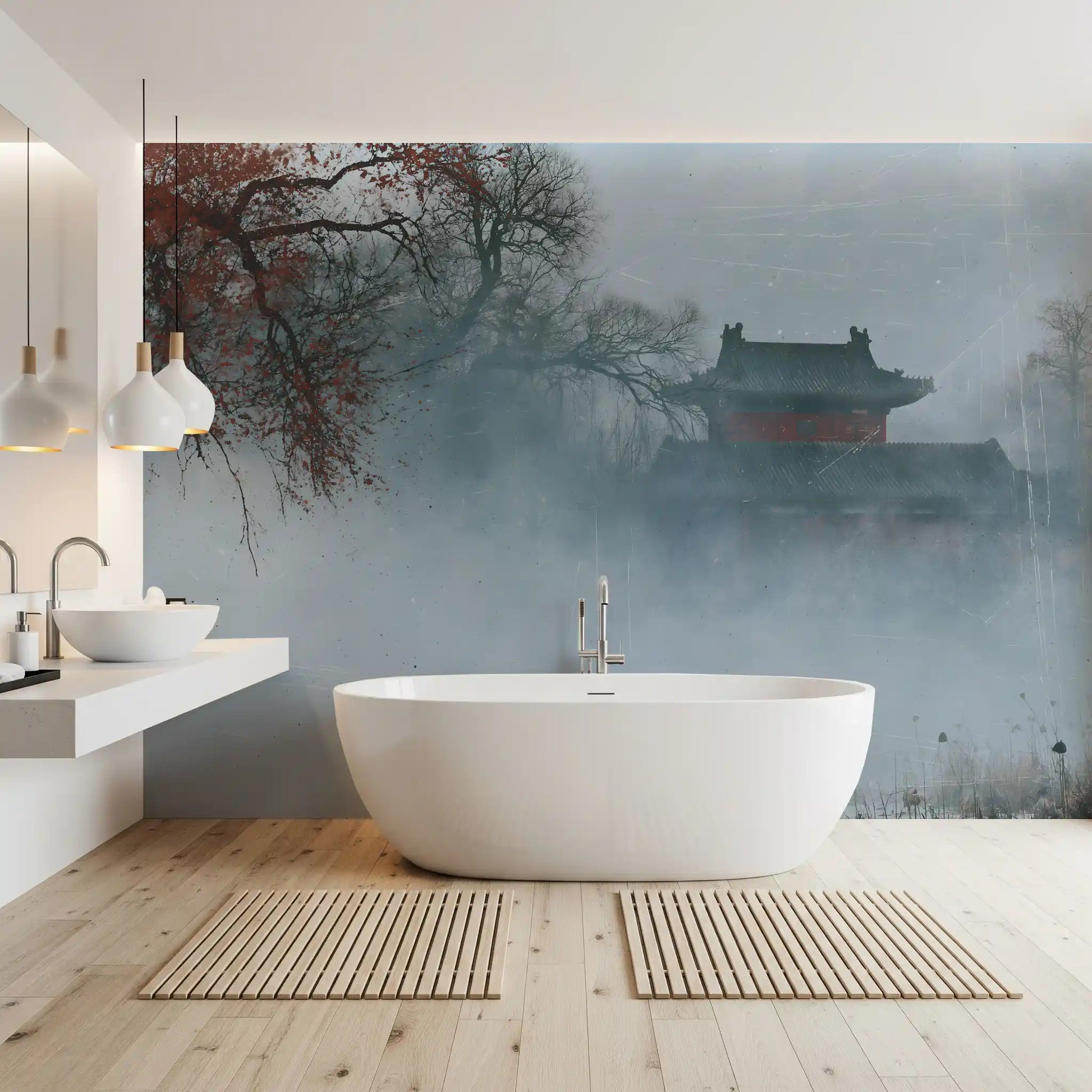 Crimson Pagoda in Winter Fog Wall Mural