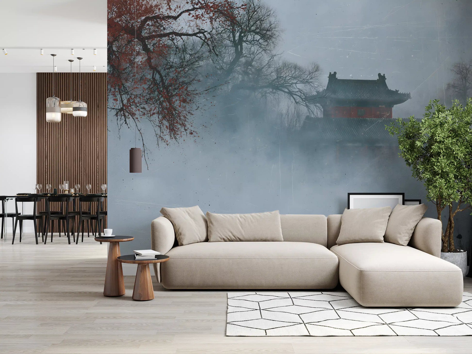 Crimson Pagoda in Winter Fog Wall Mural
