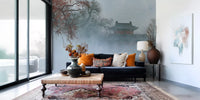 Crimson Pagoda in Winter Fog Wall Mural