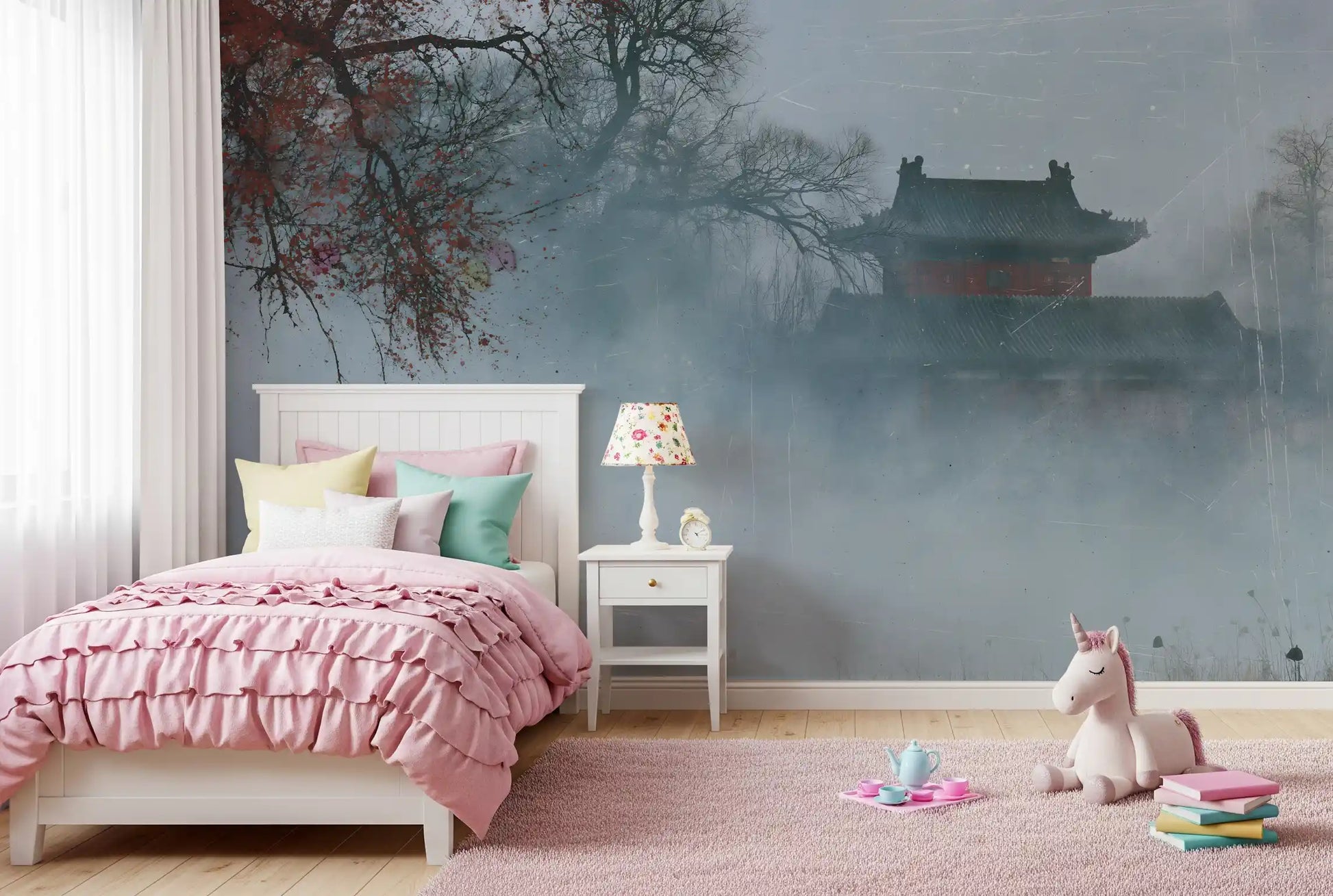 Crimson Pagoda in Winter Fog Wall Mural